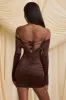 Bow-Detail Off-Shoulder Mini Dress in Chocolate Brown sold by Oh Polly