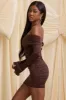 Bow-Detail Off-Shoulder Mini Dress in Chocolate Brown sold by Oh Polly