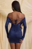 Bow-Detail Off-Shoulder Mini Dress in True Navy sold by Oh Polly