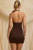Slinky Jersey Ruched Halterneck Mini Dress in Chocolate Brown sold by Oh Polly