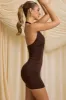 Slinky Jersey Ruched Halterneck Mini Dress in Chocolate Brown sold by Oh Polly