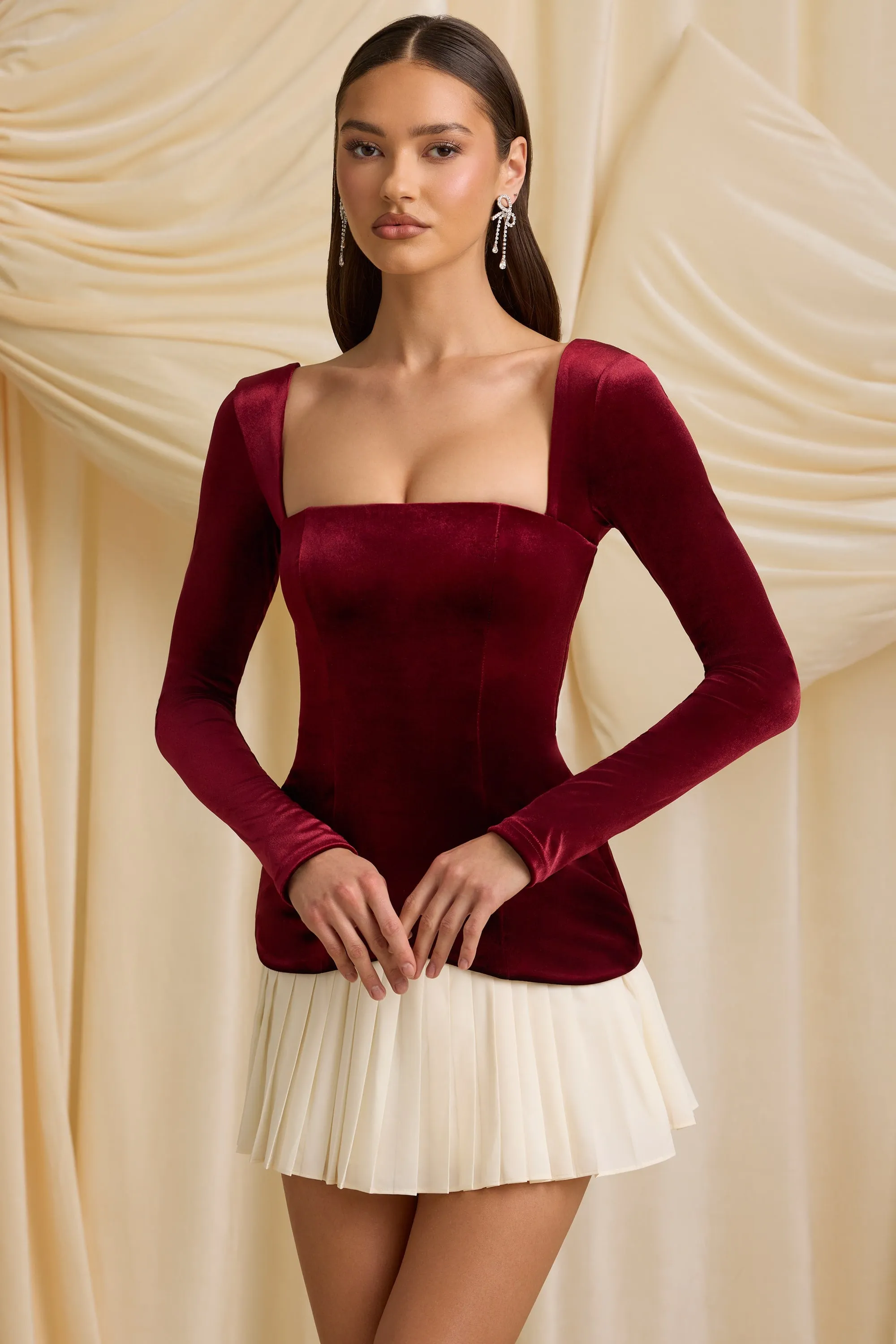 Layered Pleated Corset Mini Dress in Wine Red sold by Oh Polly