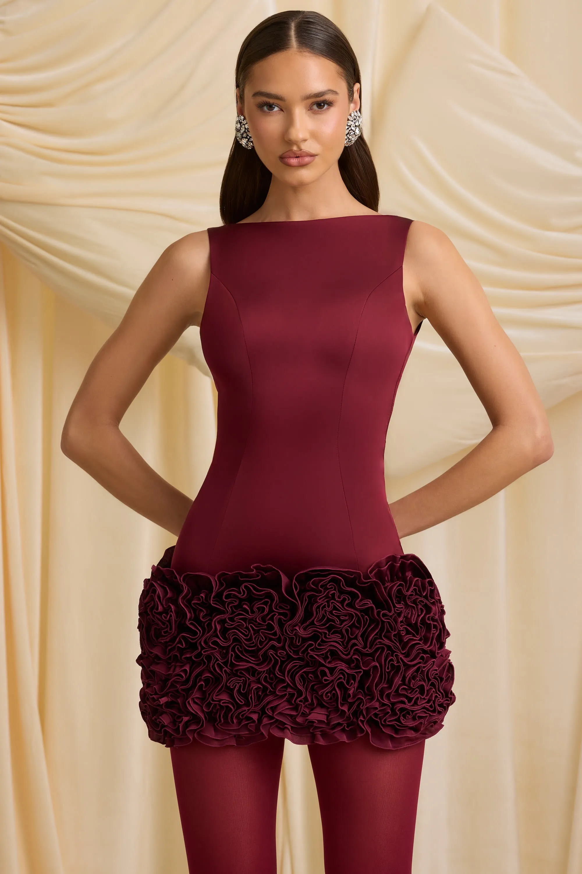 Appliqué Open-Back Mini Dress in Wine Red sold by Oh Polly