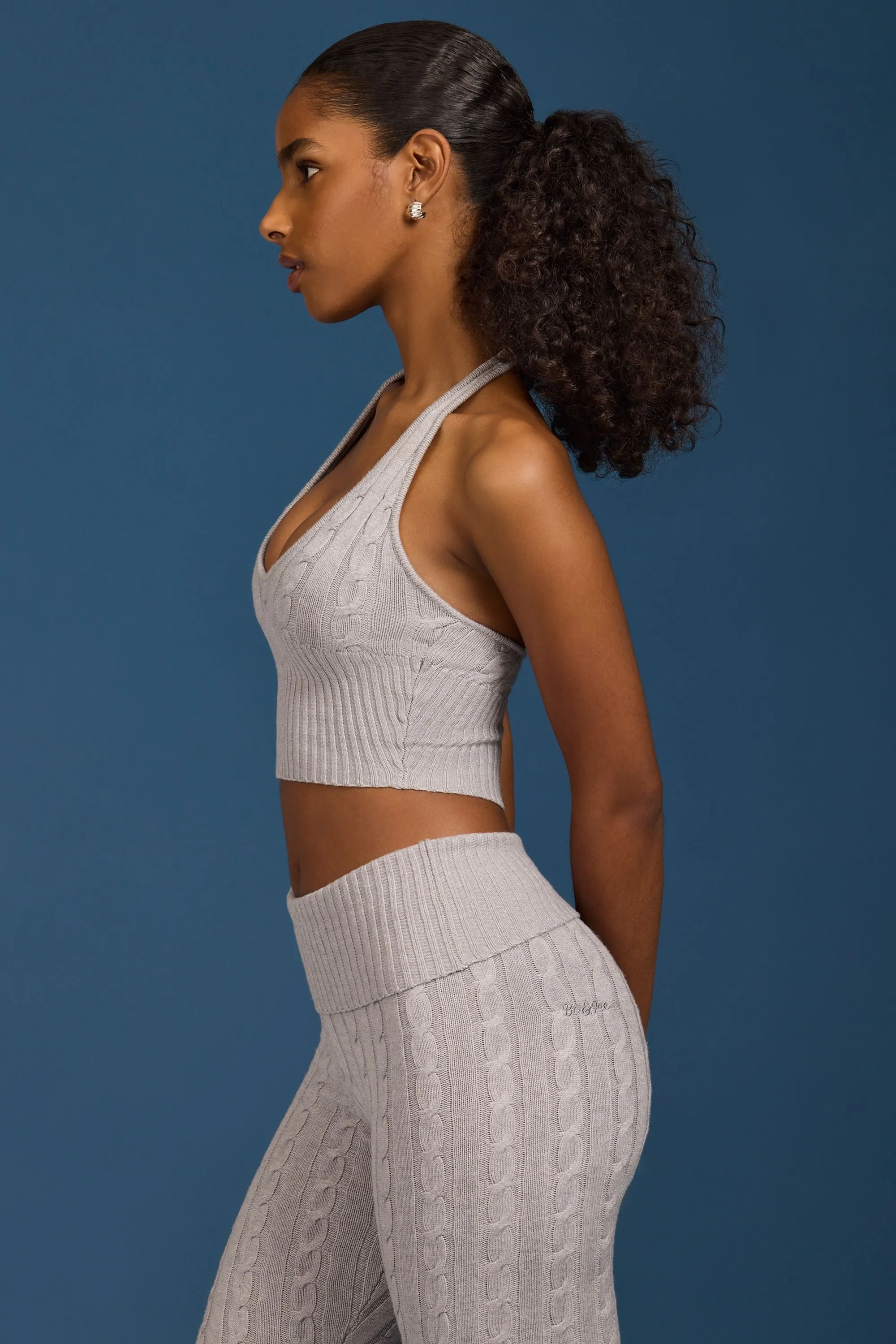 Cable-Knit Halterneck Crop Top in Grey Marl sold by Oh Polly product image thumbnail 3