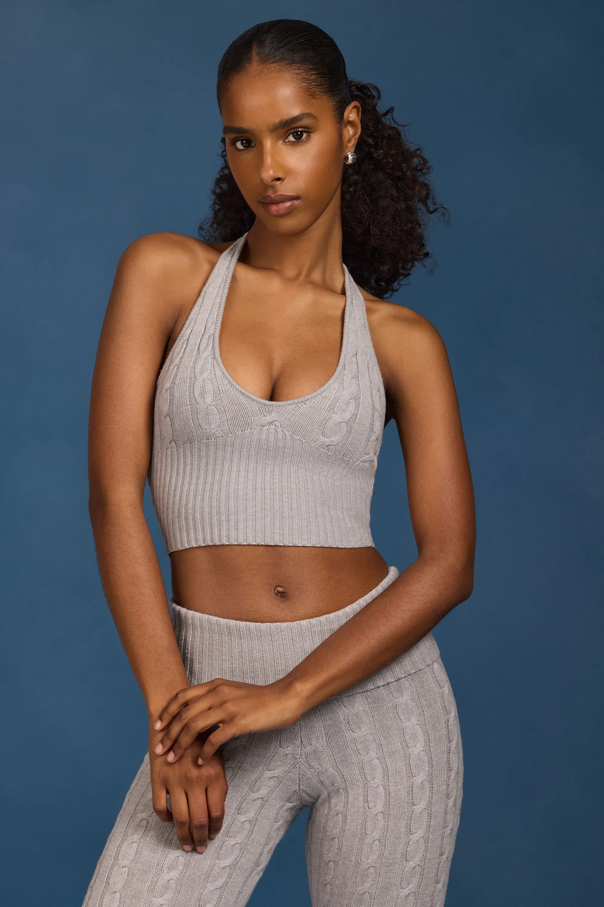 Cable-Knit Halterneck Crop Top in Grey Marl sold by Oh Polly