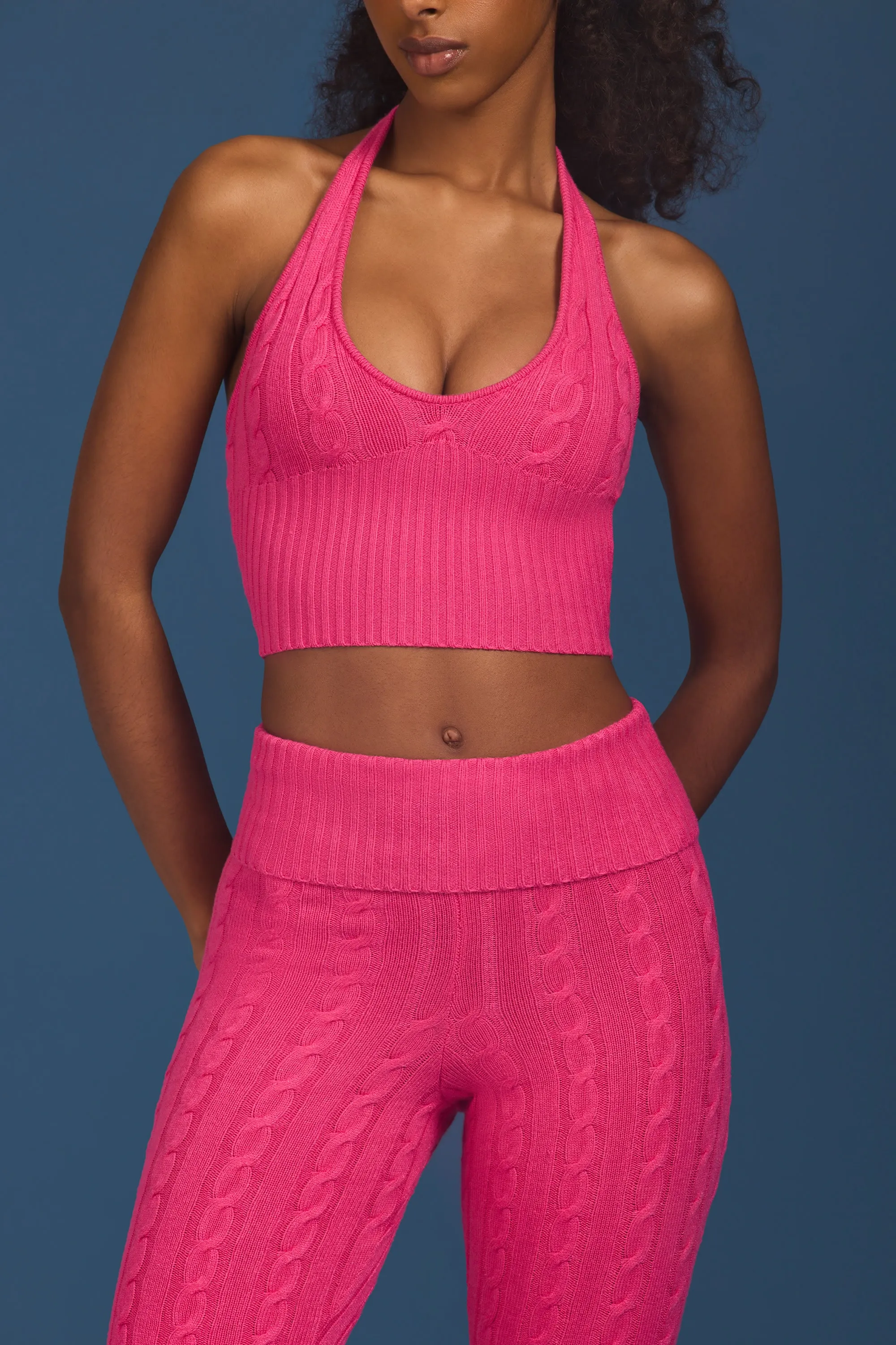 Cable-Knit Halterneck Crop Top in Hot Pink sold by Oh Polly product image thumbnail 4