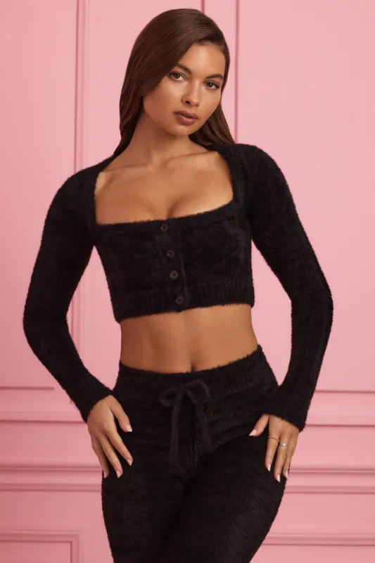 Fluffy Knit Cropped Cardigan in Black sold by Oh Polly