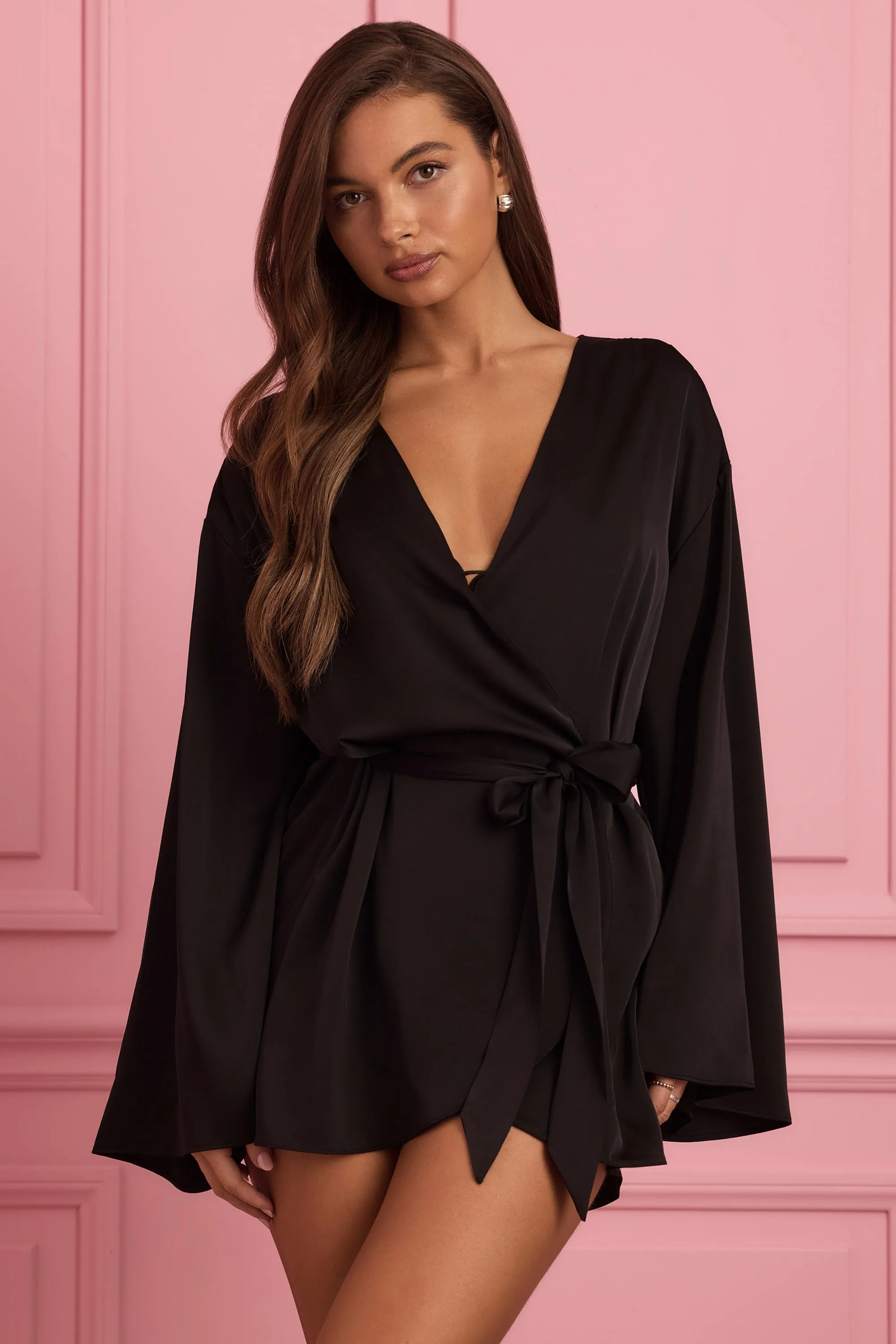 Embellished Loose-Fit Wrap-Over Robe in Black sold by Oh Polly