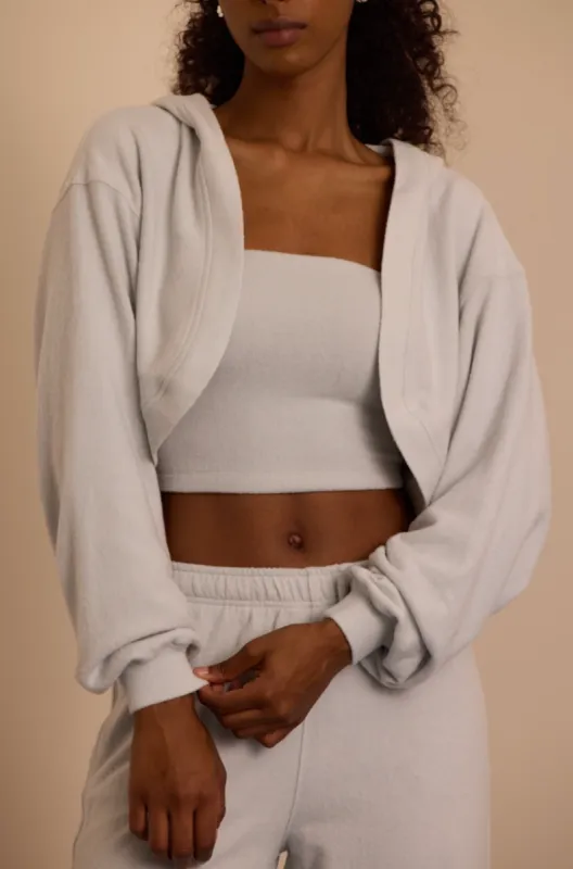 Brushed Jersey Hooded Cropped Shrug in Fog Grey sold by Oh Polly