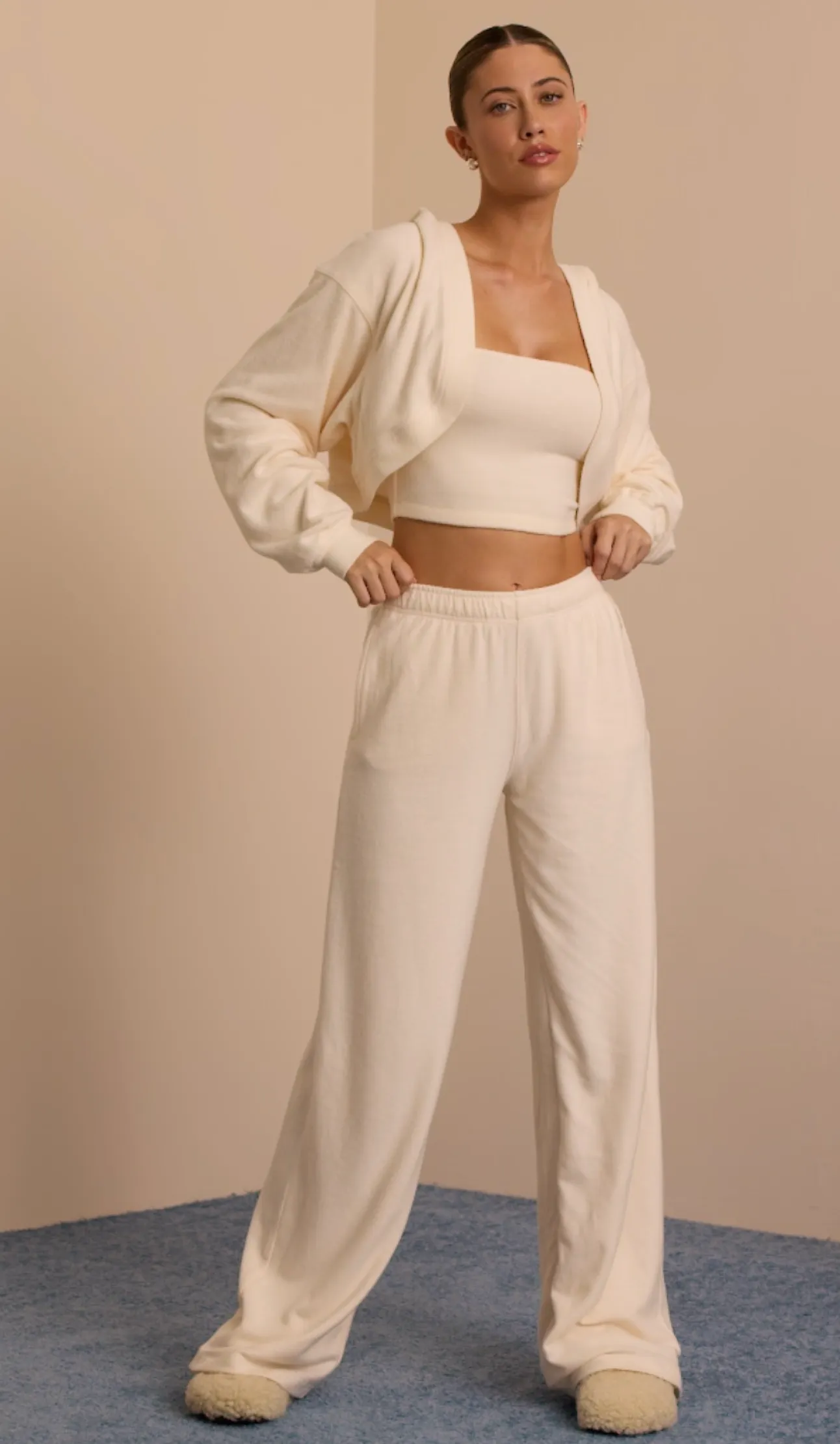 Tall Brushed Jersey Wide-Leg Joggers in Ecru sold by Oh Polly
