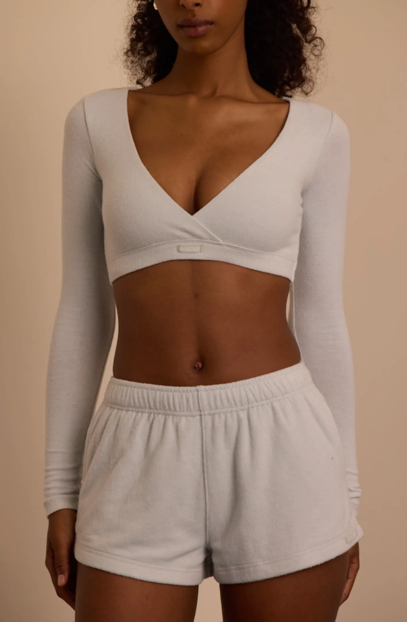 Brushed Jersey Wrap Crop Top in Fog Grey sold by Oh Polly