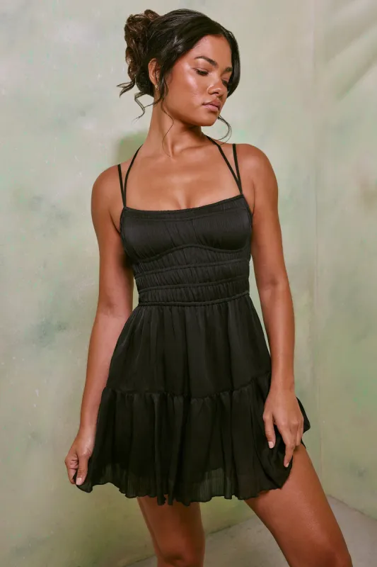 Shirred Bodice A-Line Mini Dress in Black sold by Oh Polly