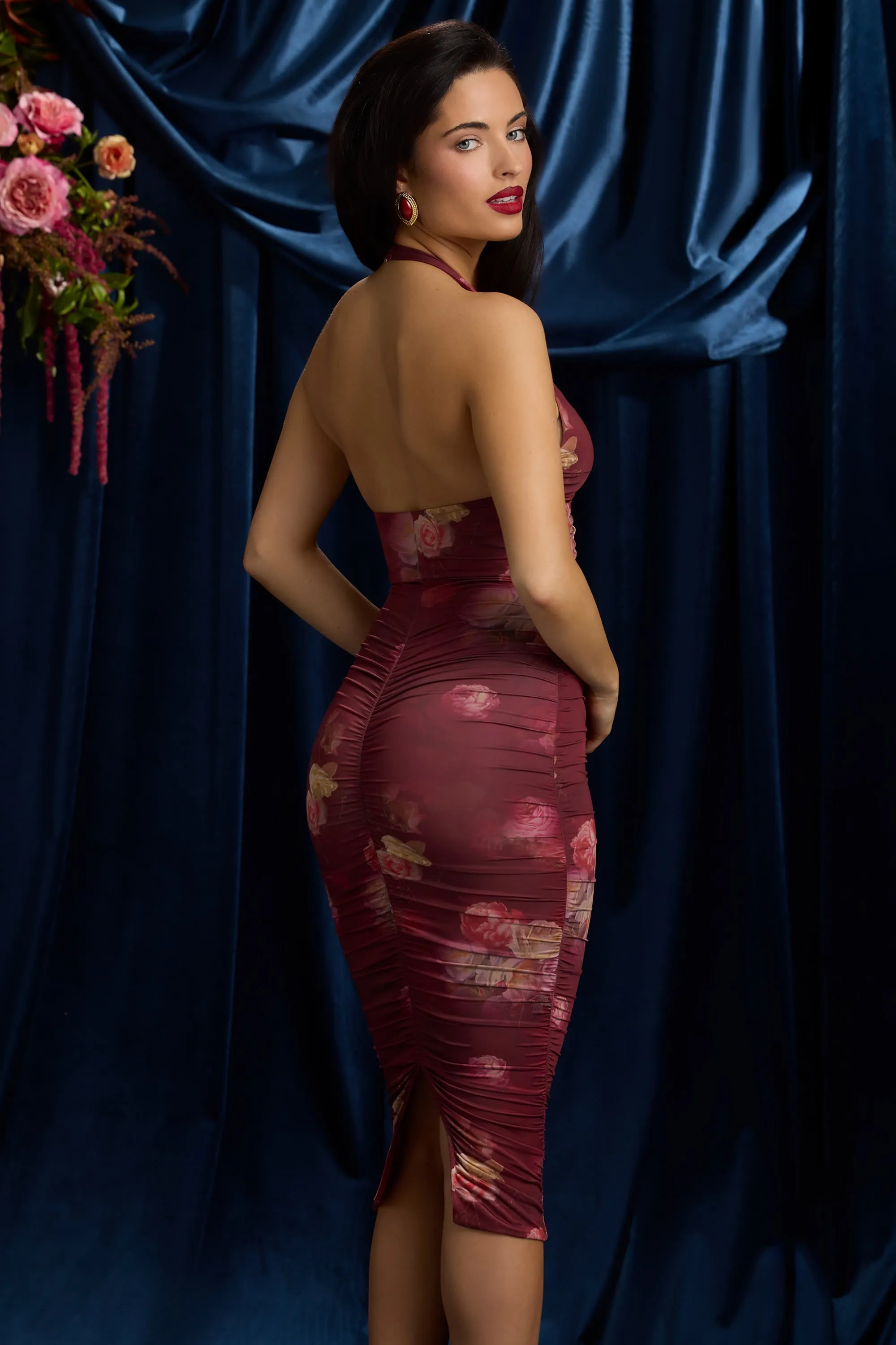Ruched Plunge Halterneck Midi Dress in Maroon Floral Print sold by Oh Polly product image thumbnail 2