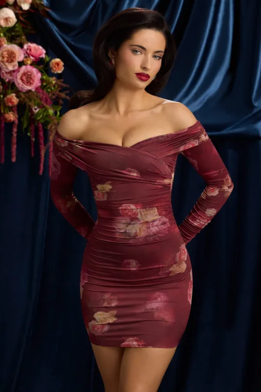 Off-Shoulder Ruched Bodycon Mini Dress in Maroon Floral Print sold by Oh Polly