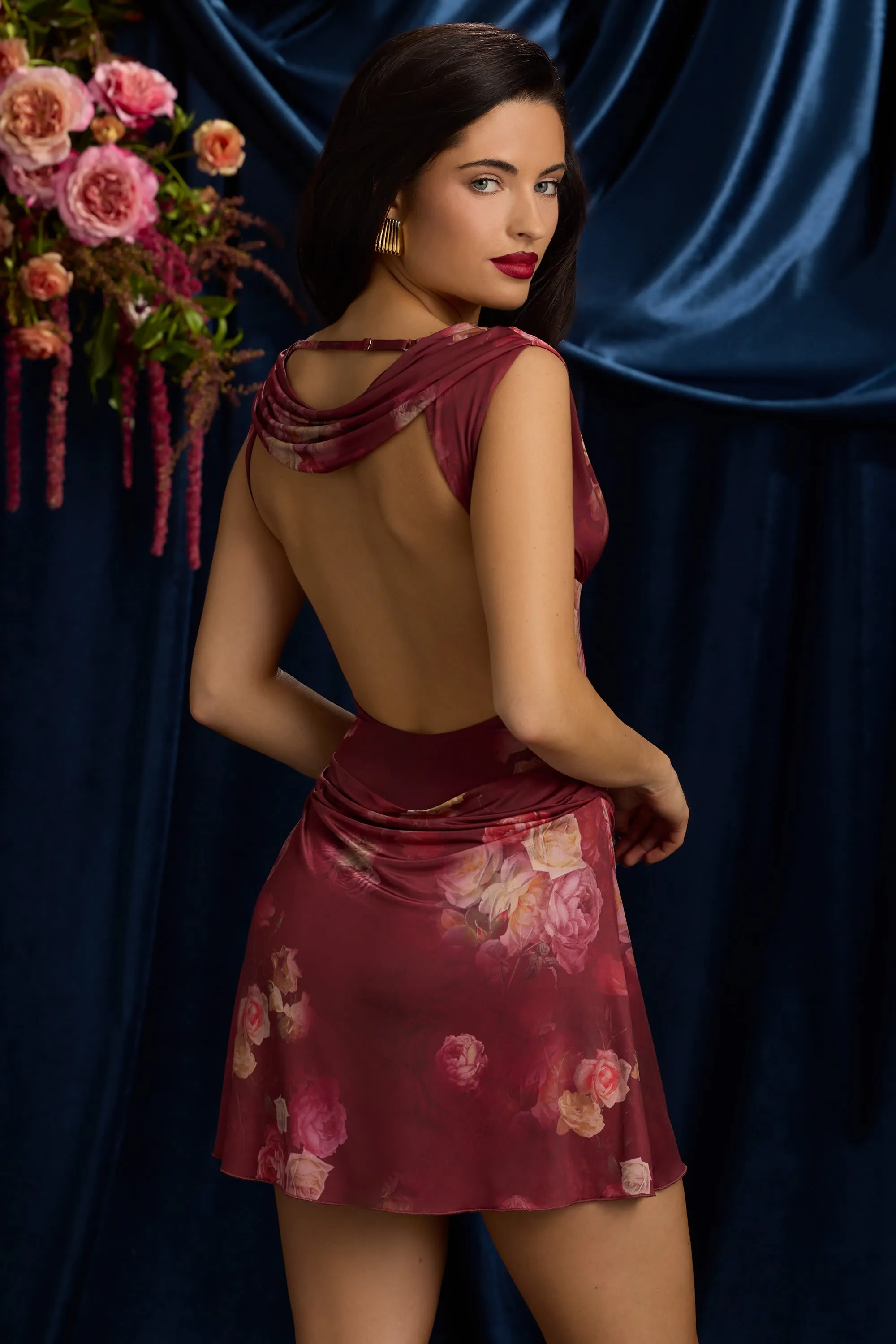 Draped Open-Back A-Line Mini Dress in Maroon Floral Print sold by Oh Polly product image thumbnail 2