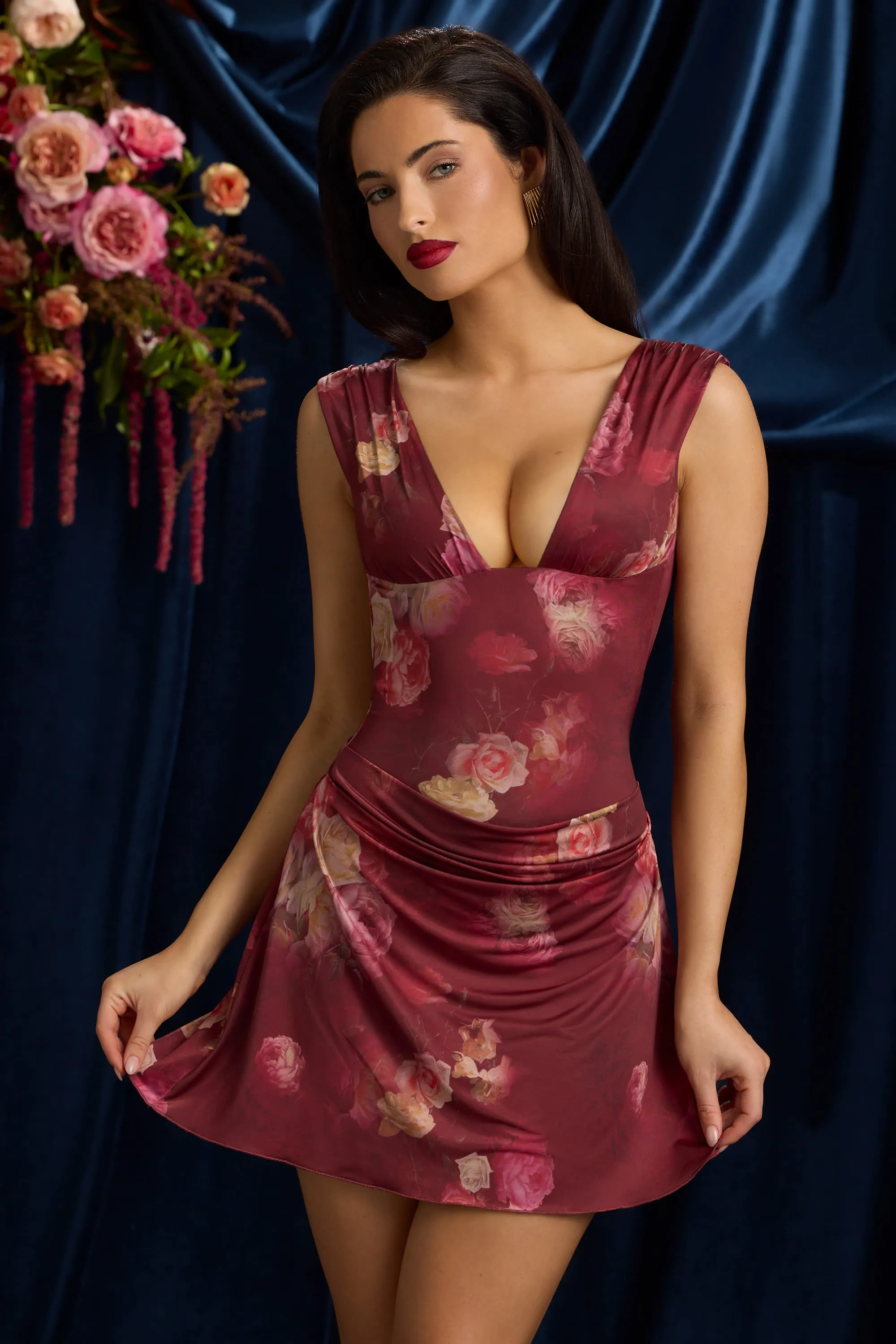 Draped Open-Back A-Line Mini Dress in Maroon Floral Print sold by Oh Polly product image thumbnail 5