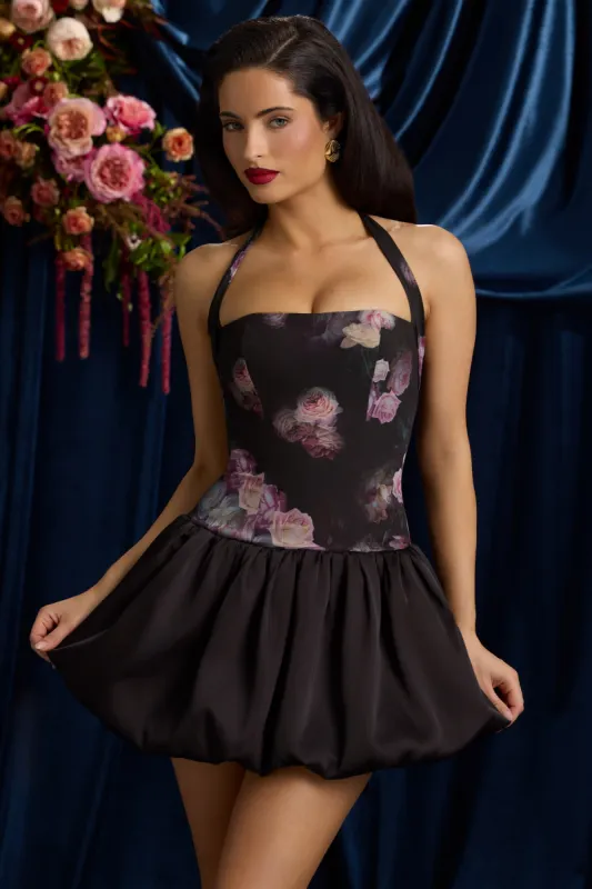 Halterneck Lace-Up Bubble Hem Corset Micro Mini Dress in Hot