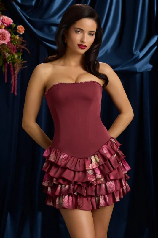 Strapless Ruffled Tiered Corset Mini Dress in Maroon Floral Print made by Oh Polly