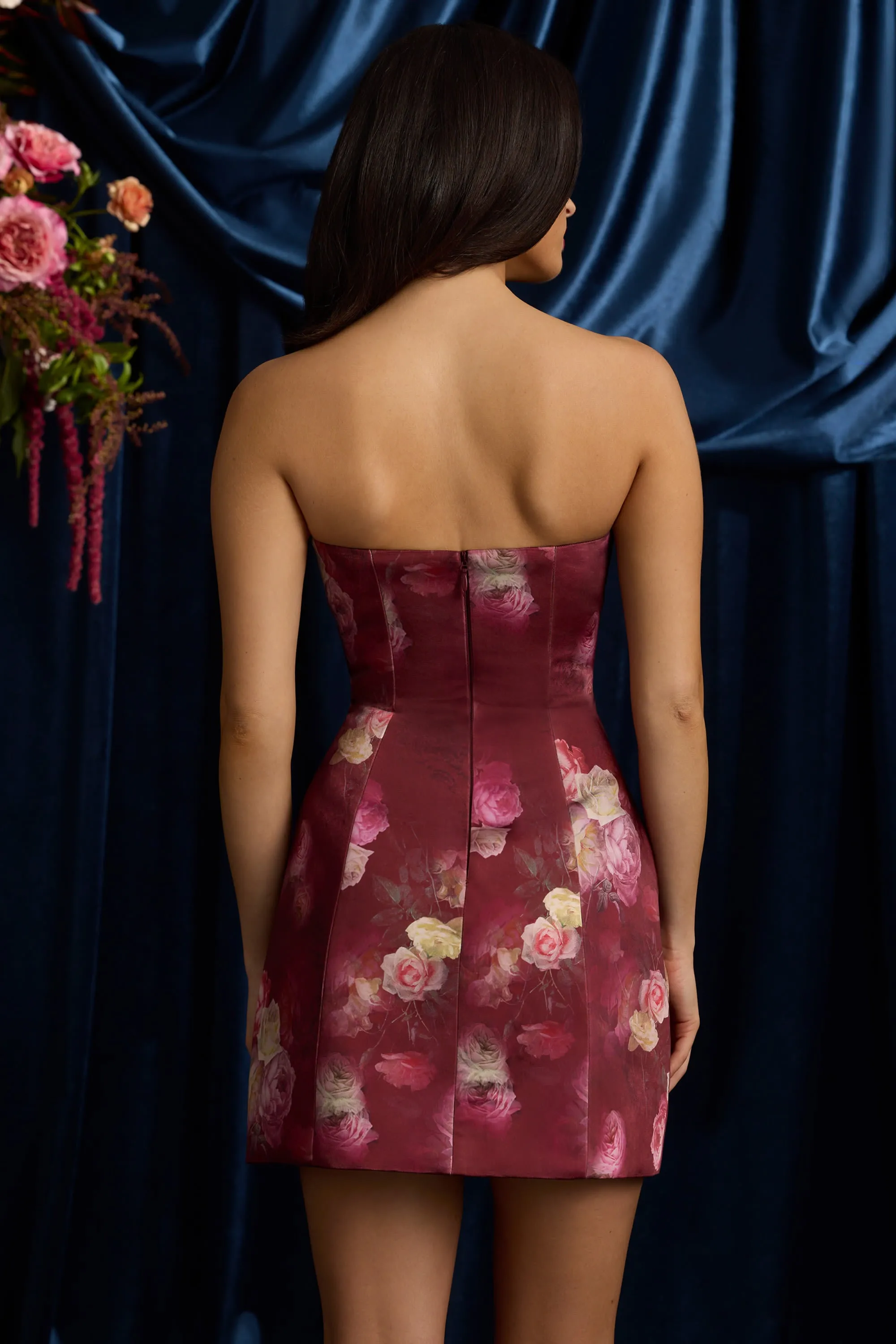 Strapless Structured Tulip Mini Dress in Maroon Floral Print sold by Oh Polly product image thumbnail 3