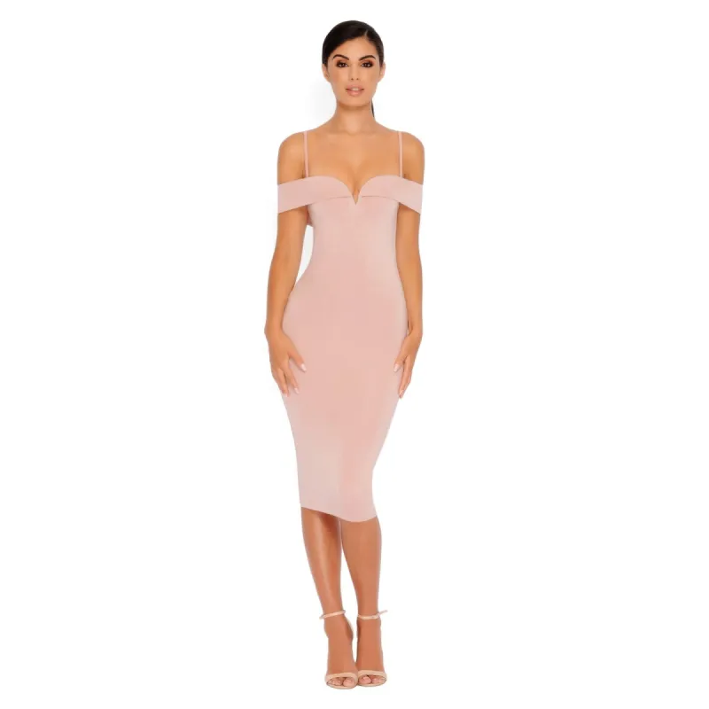 Bold Shoulder Double Layered Bardot Midi Dress in Light Mauve made by Oh Polly