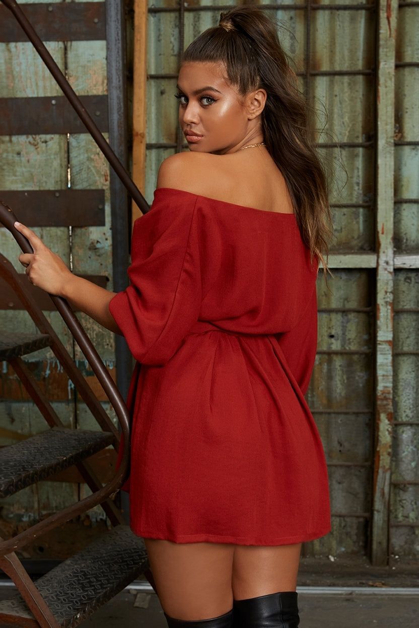 Bets Are Off Bardot Mini Wrap Dress in Red sold by Oh Polly product image thumbnail 11