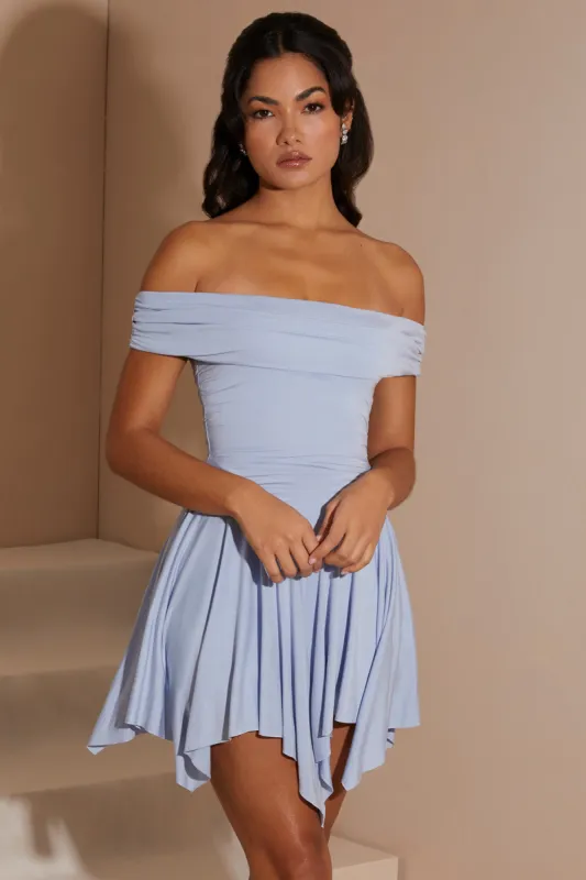Handkerchief Hem Ruched Bardot Mini Dress in Blue sold by Oh Polly