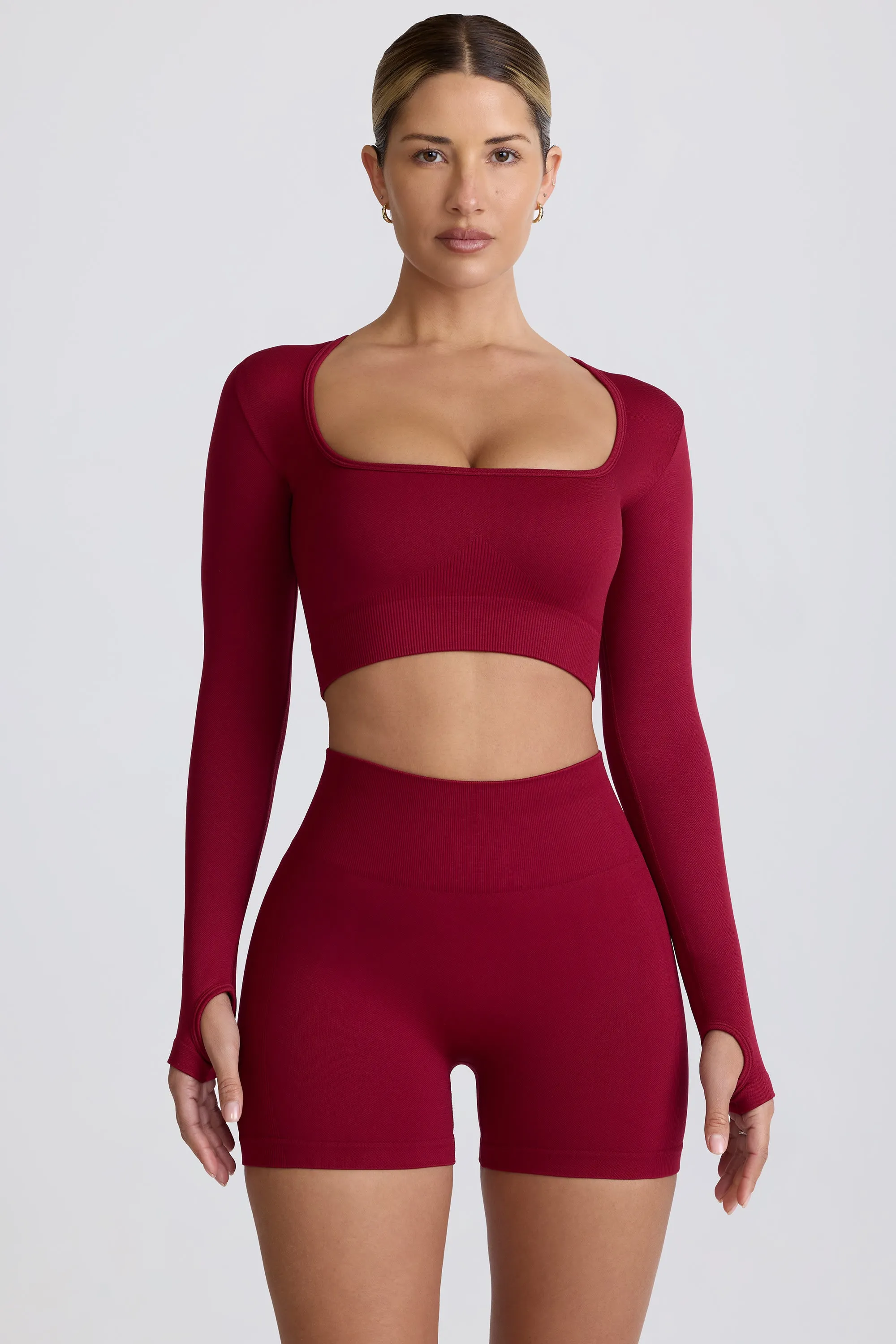 Super Sculpt Seamless Long-Sleeve Crop Top in Burgundy sold by Oh Polly