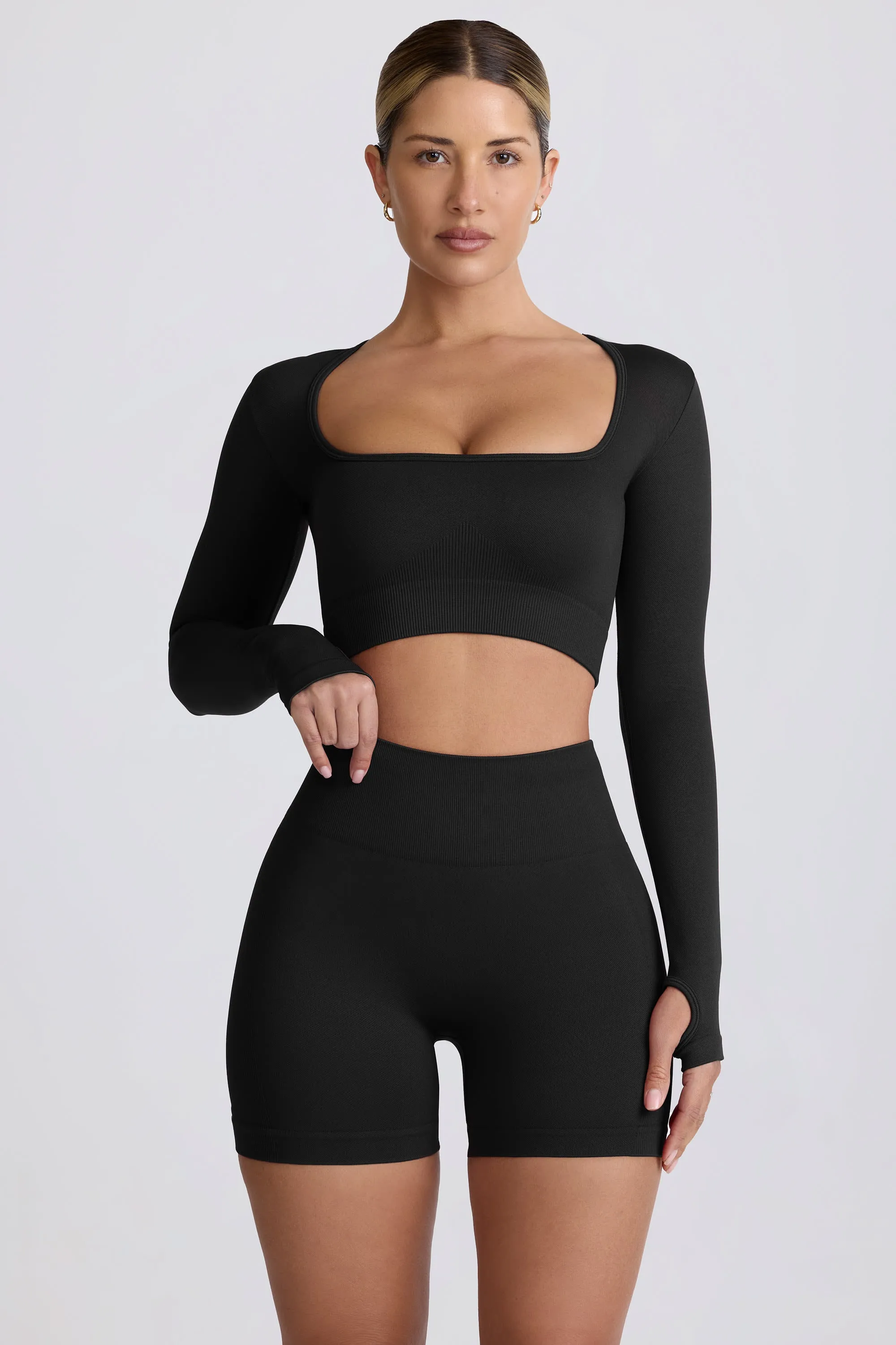 Super Sculpt Seamless Long-Sleeve Crop Top in Black sold by Oh Polly