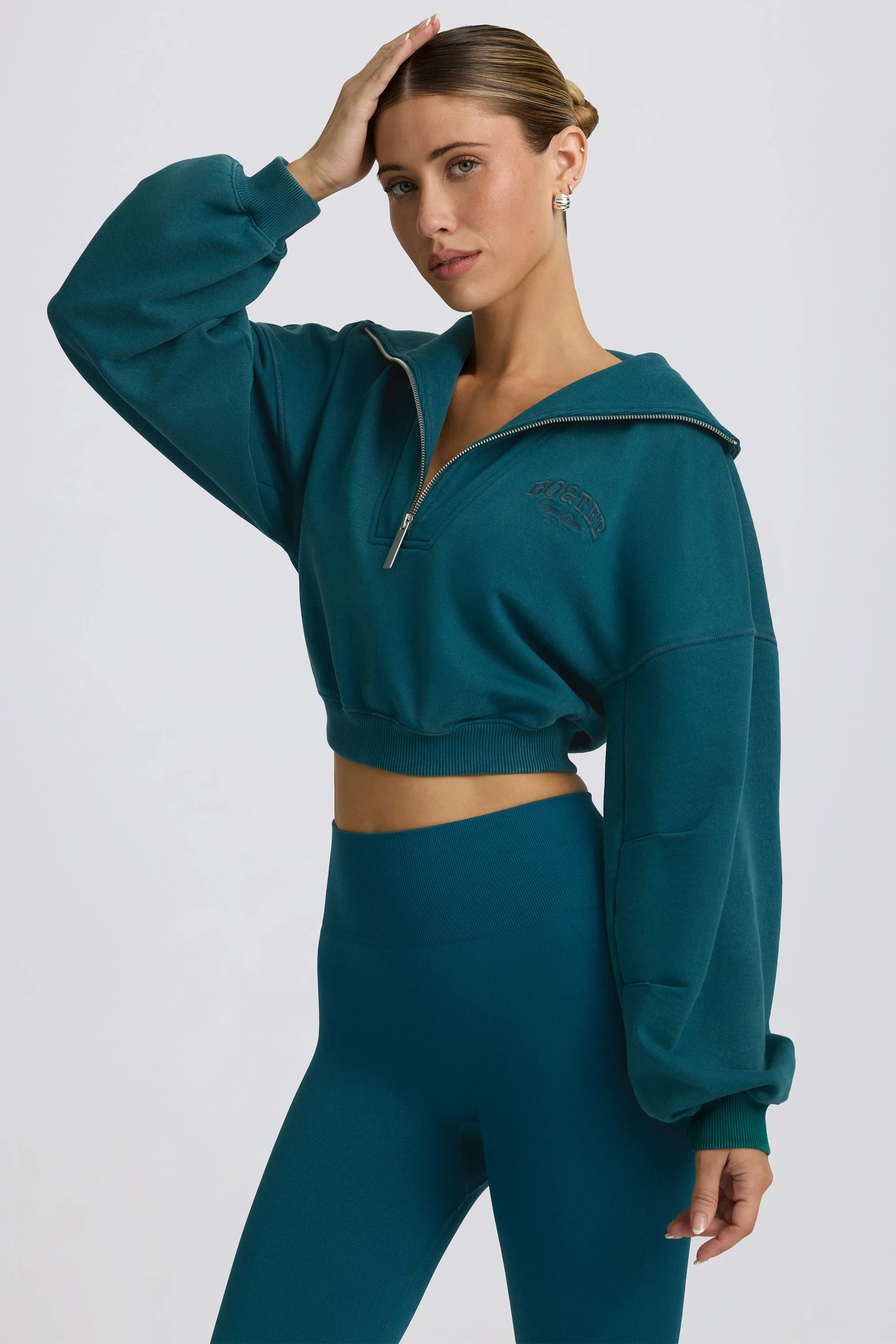 Quarter-Zip Cropped Sweatshirt in Teal sold by Oh Polly product image thumbnail 5