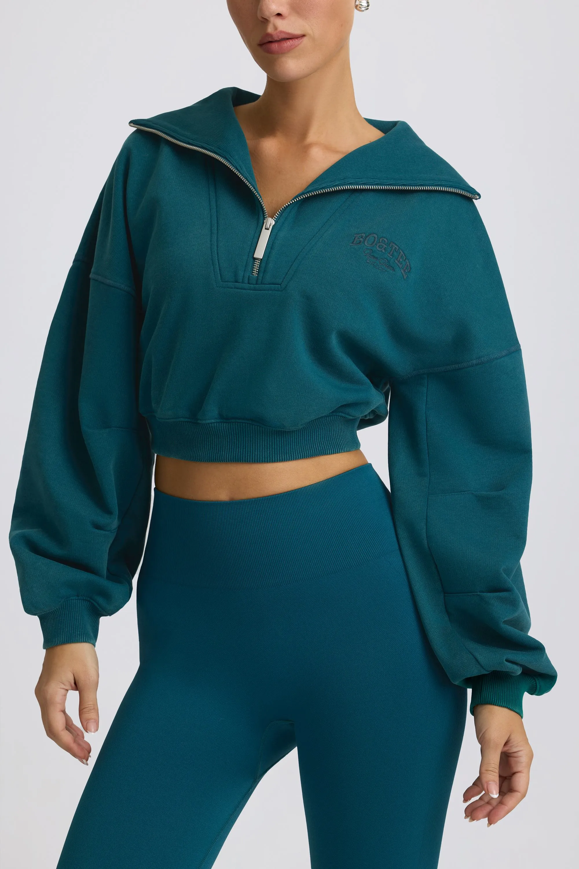 Quarter-Zip Cropped Sweatshirt in Teal sold by Oh Polly product image thumbnail 4