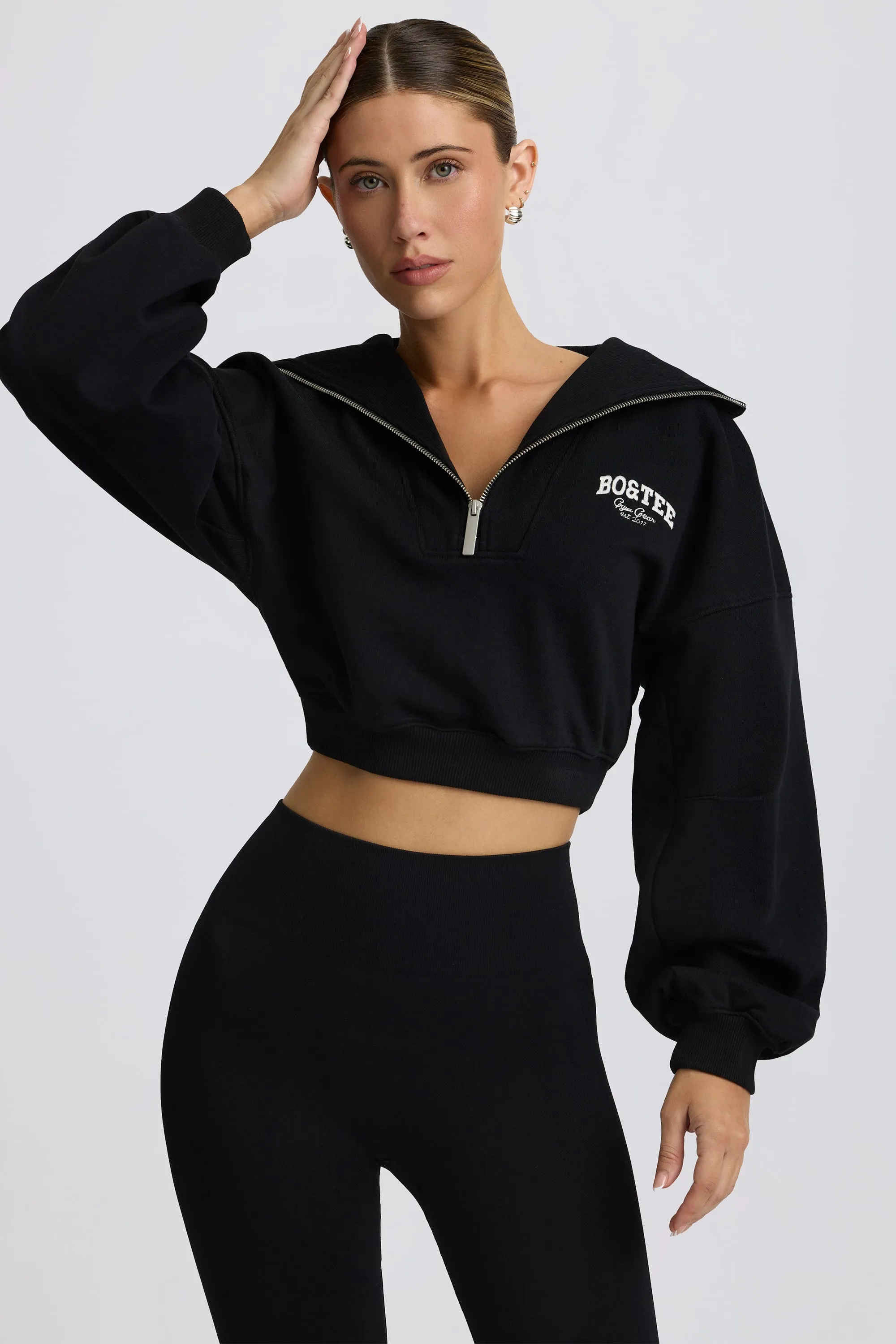 Quarter-Zip Cropped Sweatshirt in Black sold by Oh Polly product image thumbnail 5