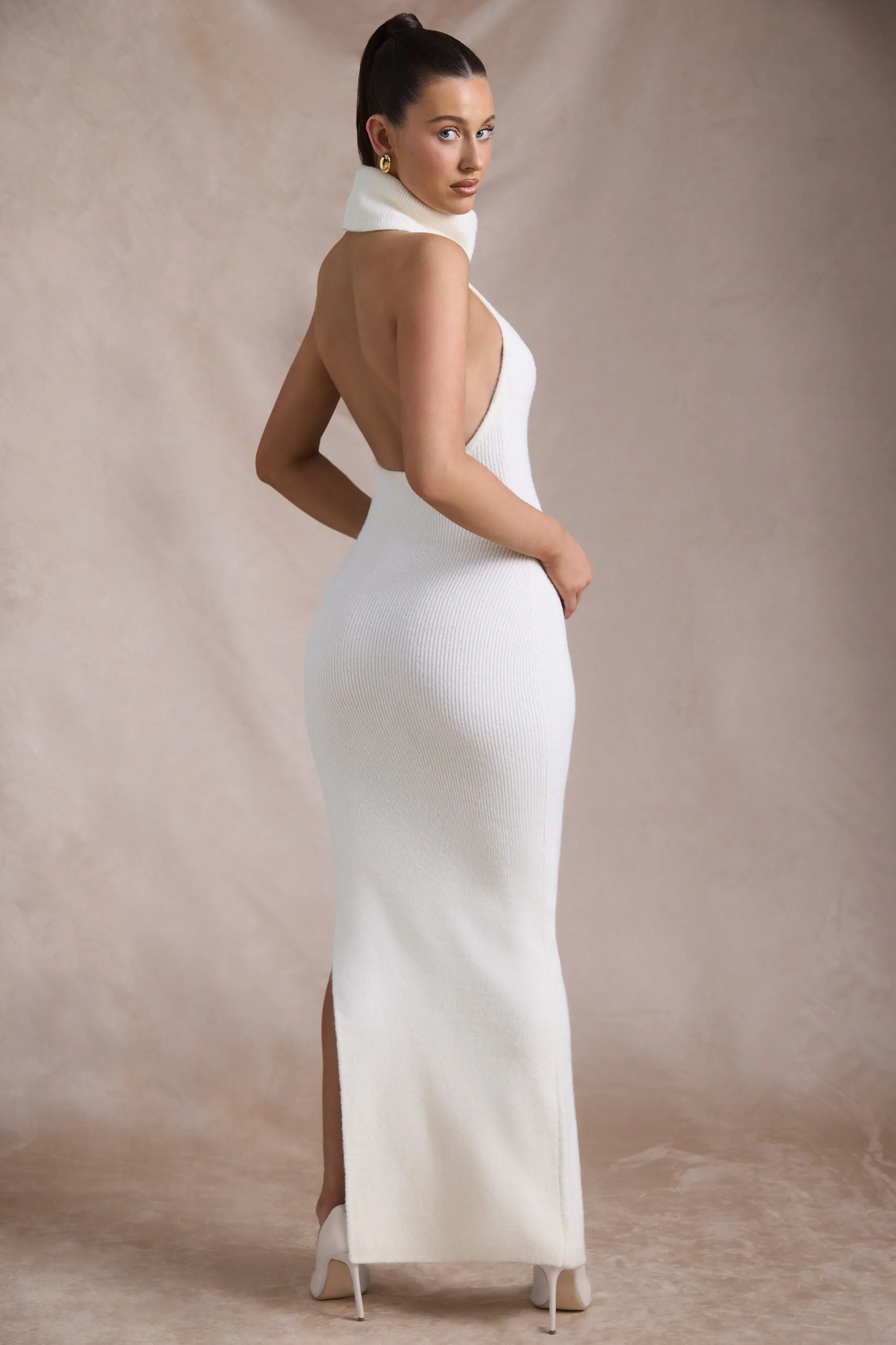 Ribbed-Knit Turtleneck Backless Maxi Dress in Ivory sold by Oh Polly product image thumbnail 2