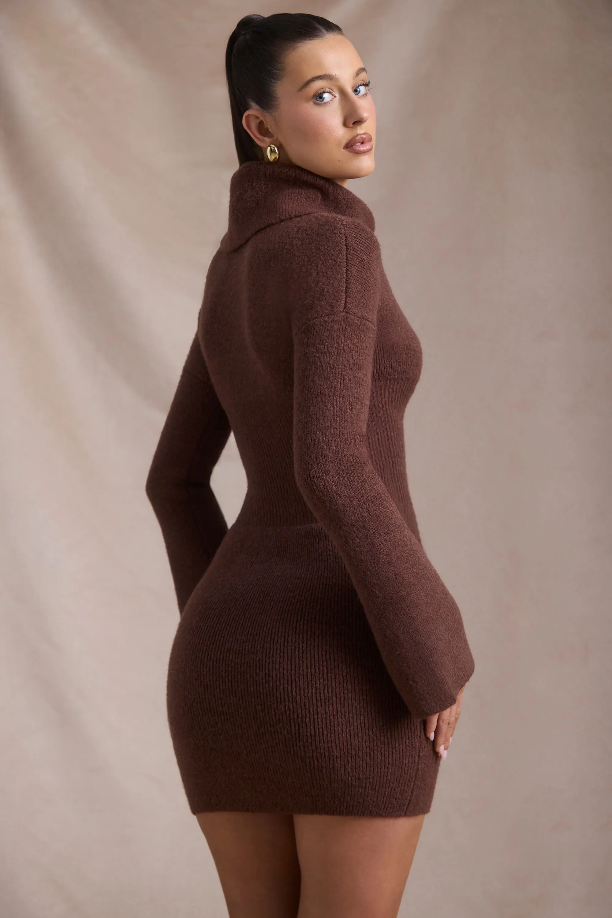Ribbed-Knit Turtleneck Mini Jumper Dress in Espresso sold by Oh Polly product image thumbnail 4
