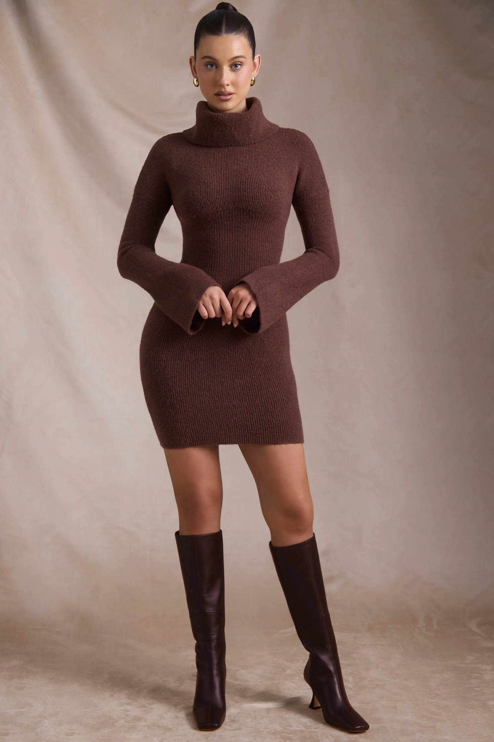 Ribbed-Knit Turtleneck Mini Jumper Dress in Espresso sold by Oh Polly product image thumbnail 5