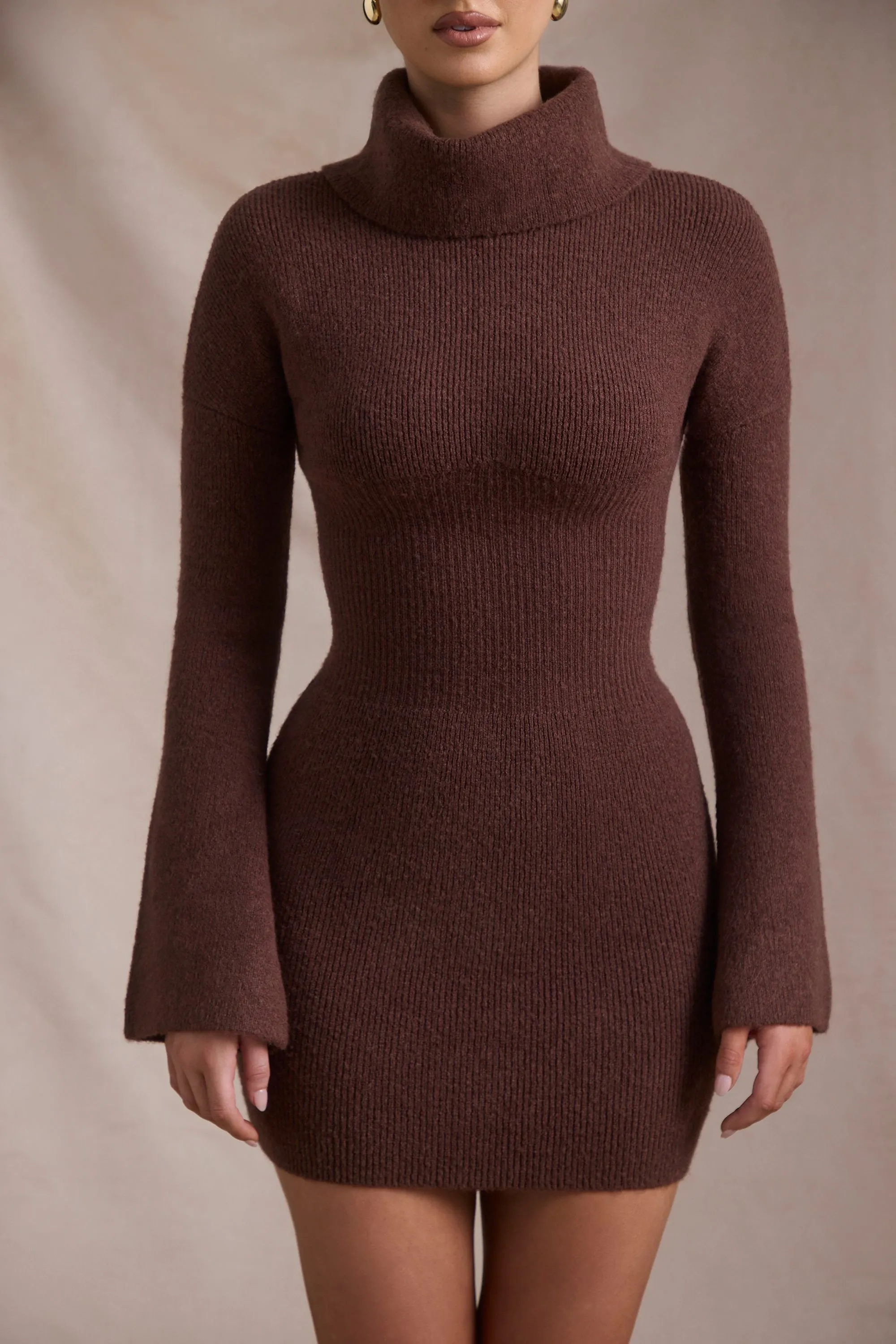 Ribbed-Knit Turtleneck Mini Jumper Dress in Espresso sold by Oh Polly product image thumbnail 2