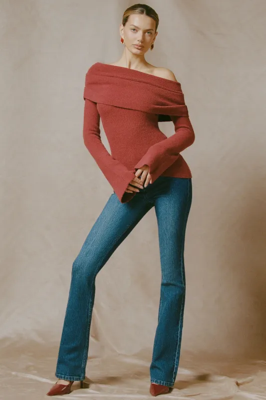 Ribbed-Knit Asymmetric Off-Shoulder Jumper in Brick Red made by Oh Polly