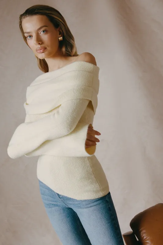 Ribbed-Knit Asymmetric Off-Shoulder Jumper in Butter Yellow made by Oh Polly
