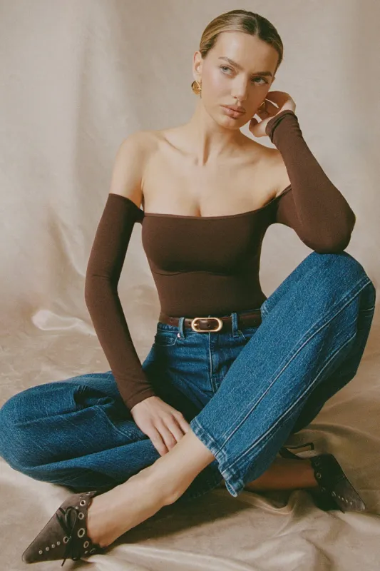 Seamless Off-Shoulder Long-Sleeve Bodysuit in Espresso sold by Oh Polly