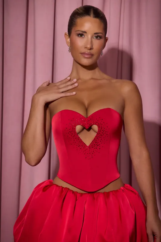 Embellished Heart Cut-Out Strapless Corset Top in Red sold by Oh Polly