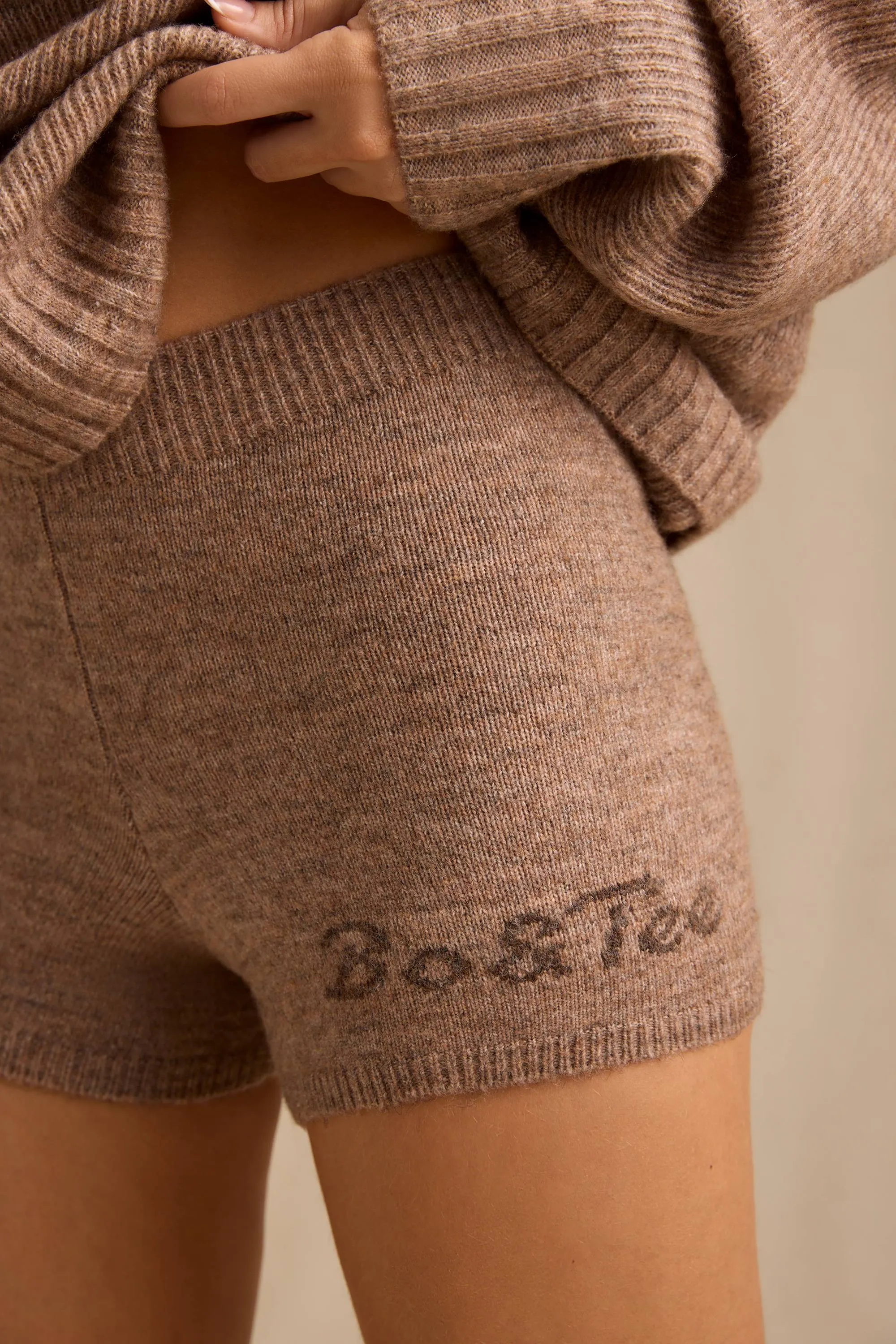 Mid-Rise Knit Mini Shorts in Brown Marl sold by Oh Polly product image thumbnail 4