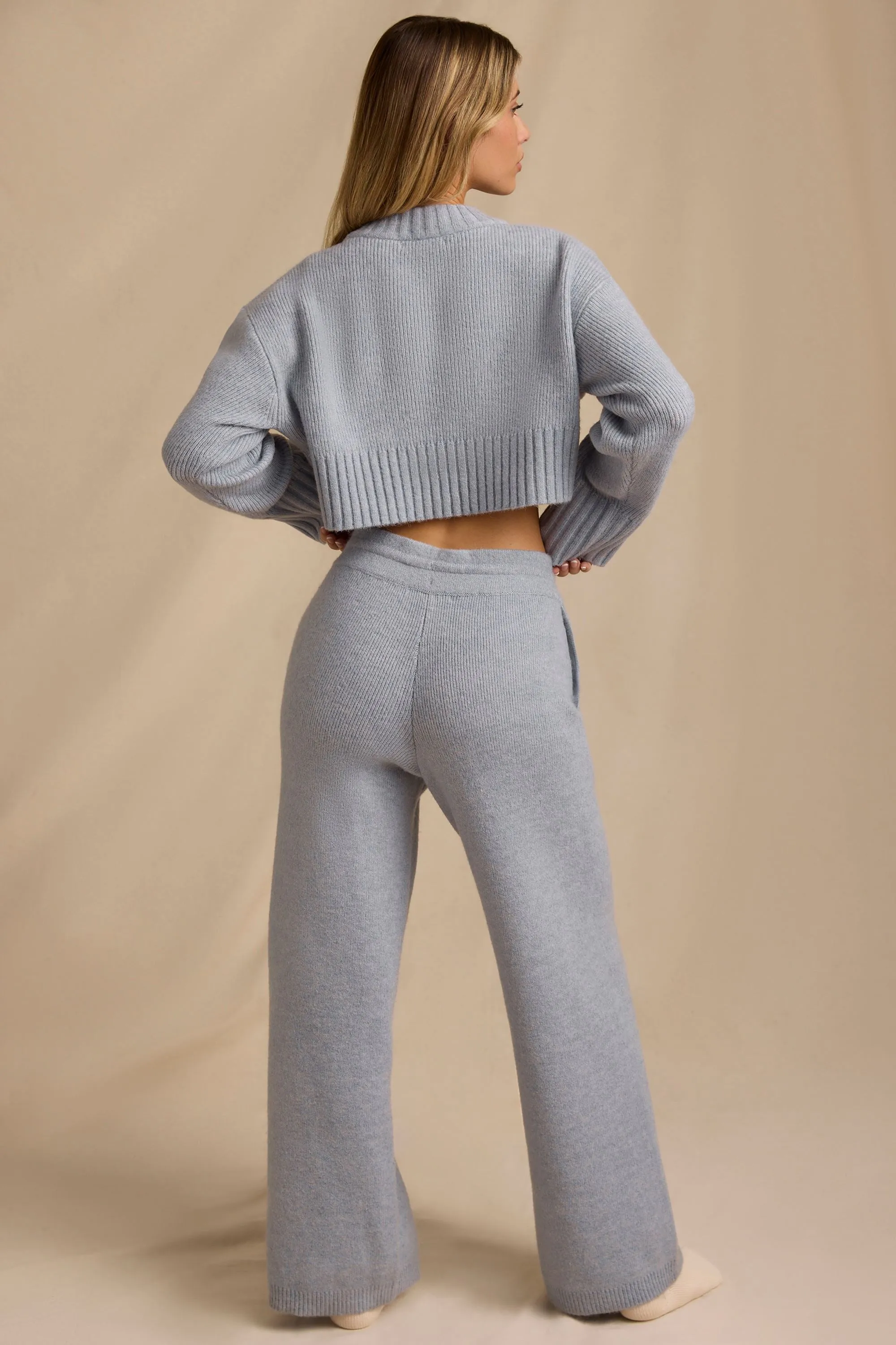 Ribbed Knit Mid-Rise Wide-Leg Joggers in Soft Blue sold by Oh Polly product image thumbnail 3
