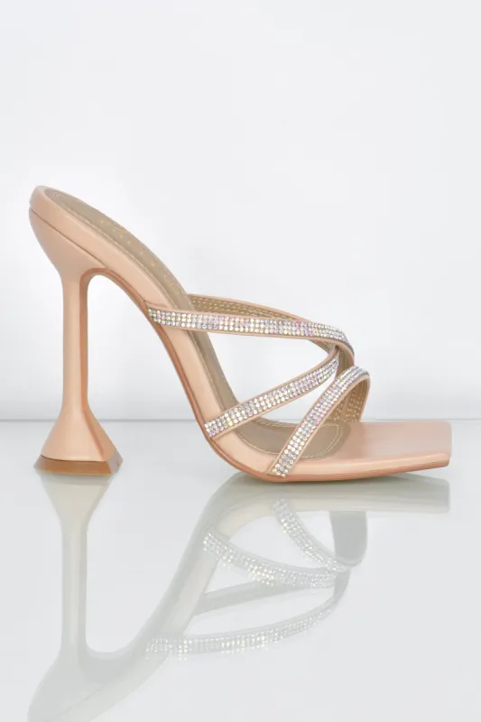 Step Aside Diamante Embellished Mule Heels in Nude sold by Oh Polly