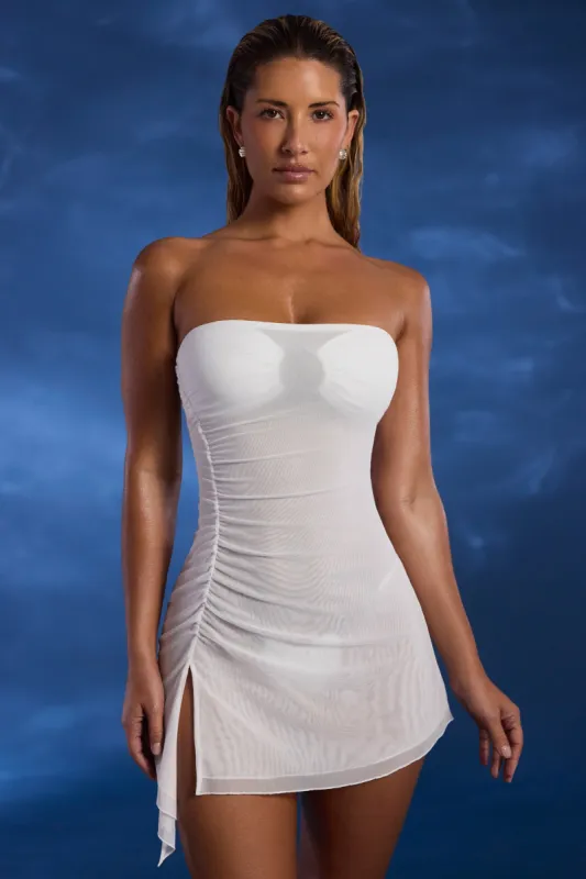 Asymmetric Ruched Bandeau Mini Dress in Ivory made by Oh Polly
