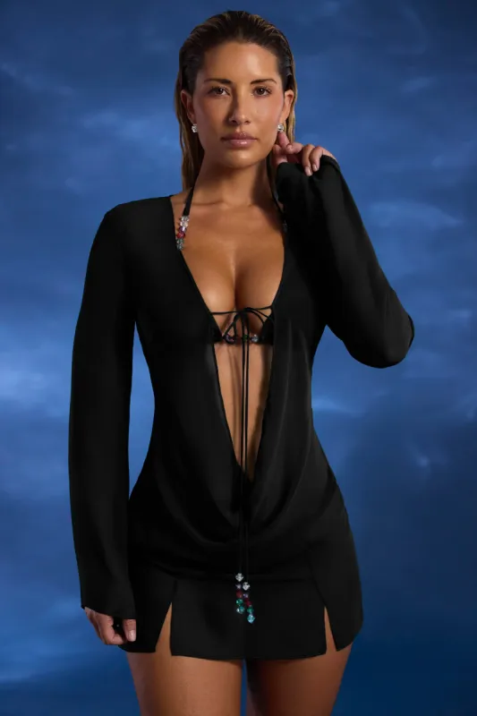 Bead-Embellished Cowl-Neck Sheer Mini Dress in Black sold by Oh Polly