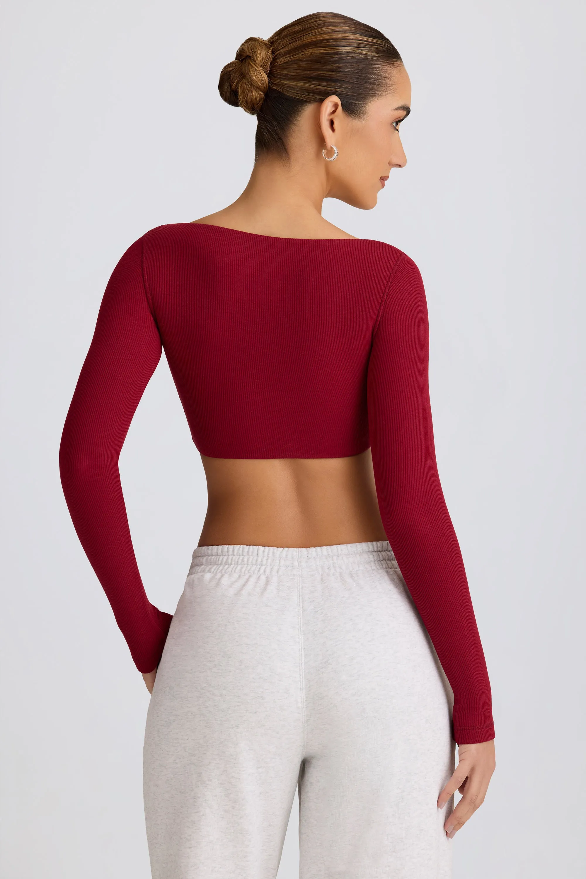 Ribbed Modal Long-Sleeve Crop Top in Burgundy sold by Oh Polly product image thumbnail 2