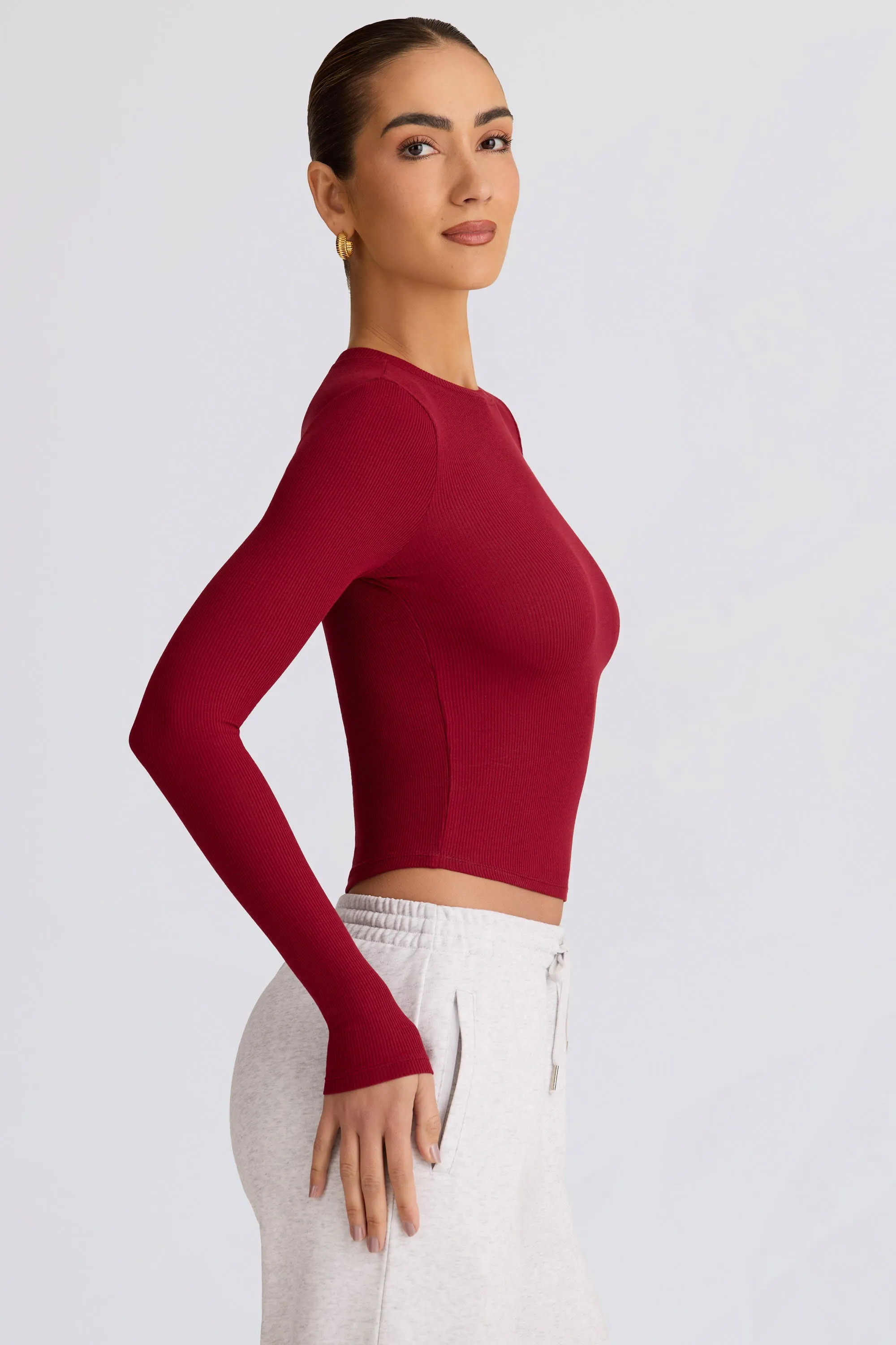 Ribbed Modal Long-Sleeve Top in Burgundy sold by Oh Polly product image thumbnail 3