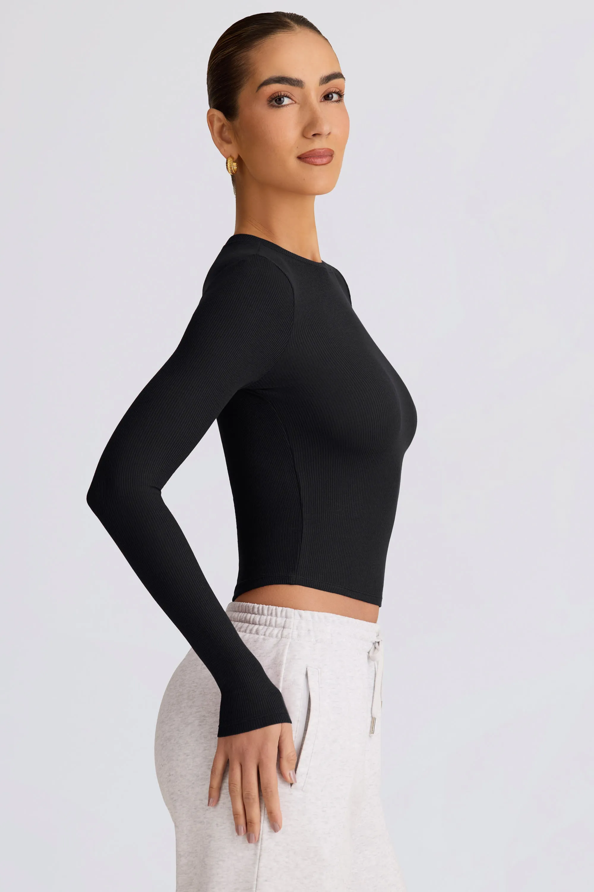 Ribbed Modal Long-Sleeve Top in Black sold by Oh Polly product image thumbnail 3