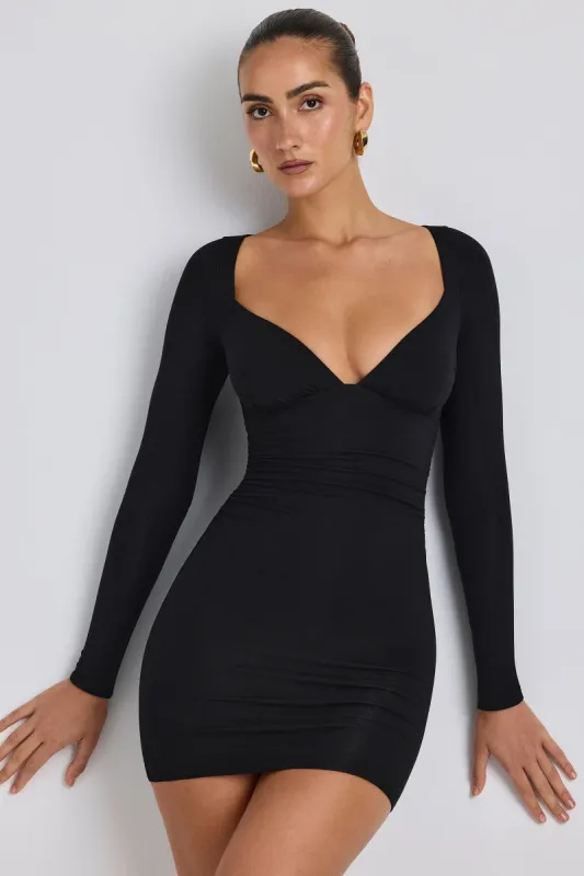 Modal Ruched Long-Sleeve Mini Dress in Black sold by Oh Polly