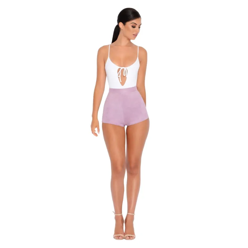 Soft Focus High Waisted Suedette Hot Pant Shorts in Lilac sold by Oh Polly