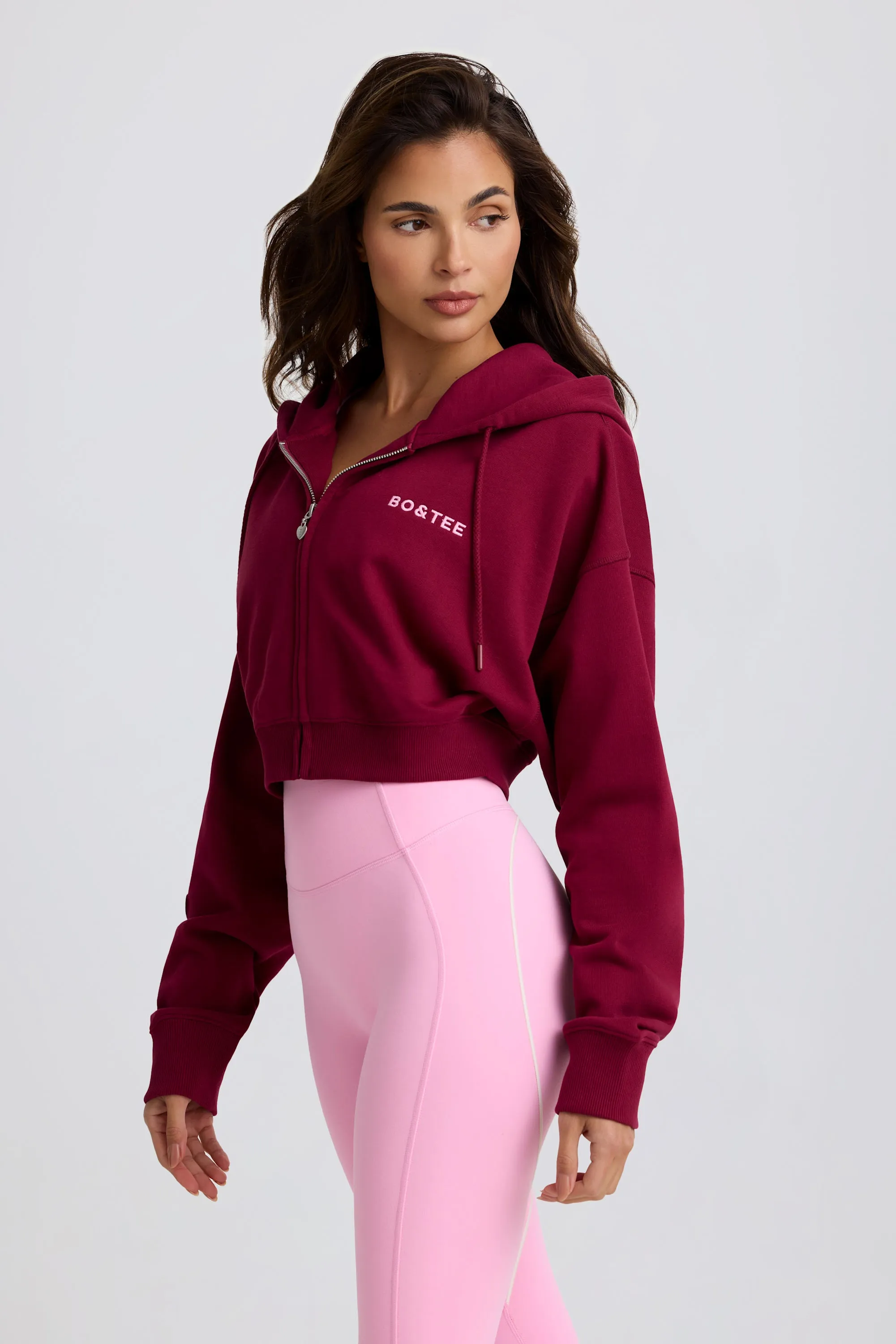 Cropped Zip-Up Hoodie in Burgundy sold by Oh Polly product image thumbnail 3